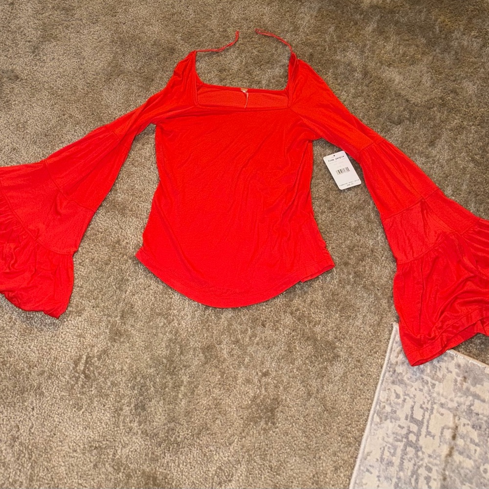 Free People Vibrant Red Blouse with Flowy Sleeves